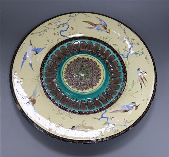 A 19th century Aesthetic charger with Japonaise ornithological border, ST monogram and number verso diameter 38cm